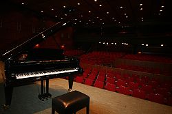 Flügel auf der Bühne stehend mit Saalansicht